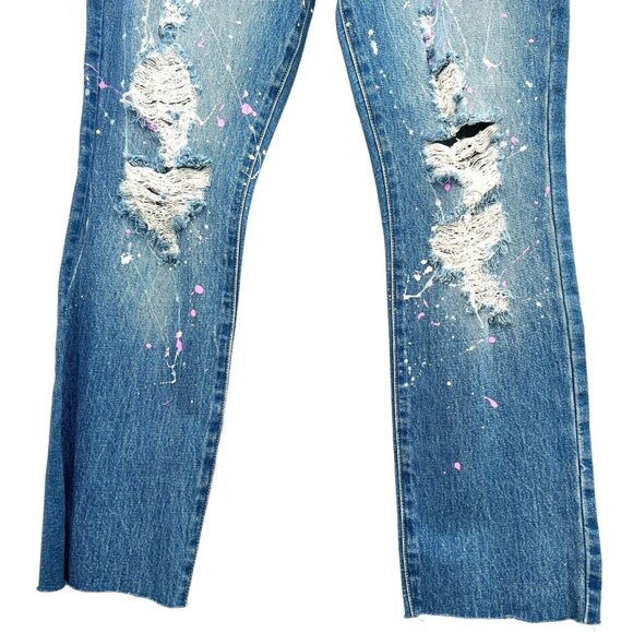 YMI Women's Distressed Splatter Paint Raw Hem Stretch  Blue Denim Jeans Size 5 - Picture 9 of 12